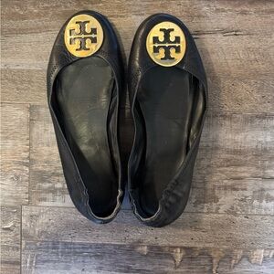 Tory Burch Black Ballet Flats with Gold Logo